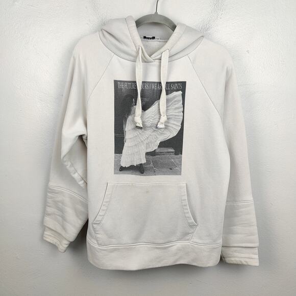 AllSaints Olivia Lucia Hoodie‎ Womens XS Pale Gray Pink Graphic Pullover Fleece - Picture 1 of 11